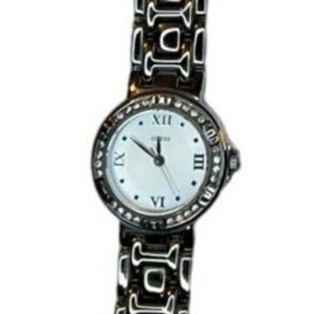 GUESS Silver Rhinestone Bezel Watch Y2K Glam Roman Dial Bracelet